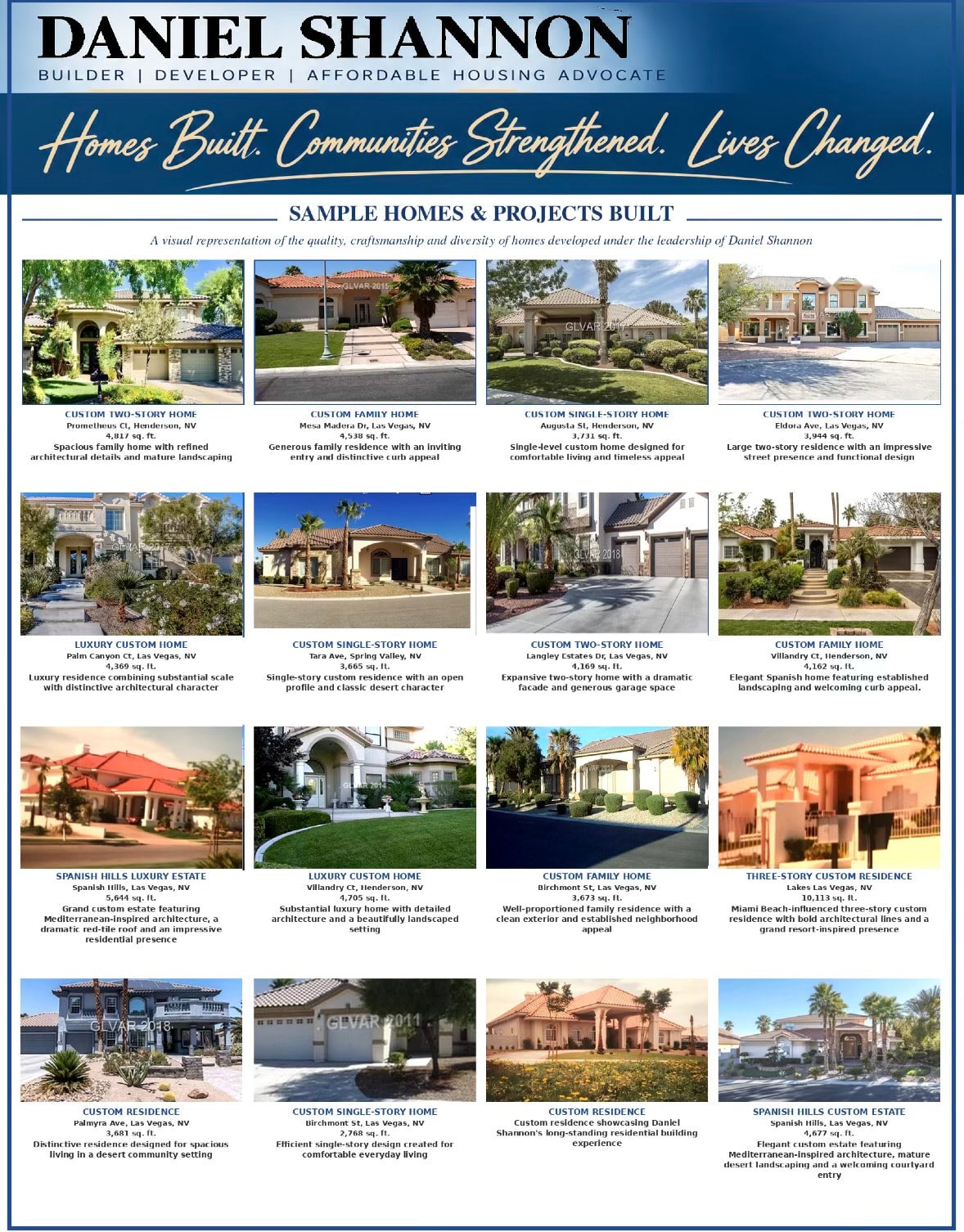 Daniel Shannon — Sample Homes & Projects Built: 16 custom homes across Las Vegas and Henderson, NV